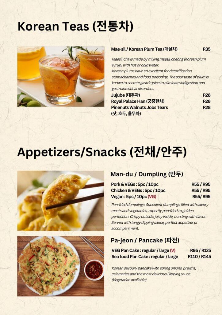 Crazy Korean Menu - Drinks & Appetizers